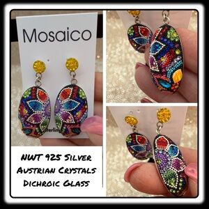 NWT Mosaico STATEMENT Earrings. Austrian Crystal, Dichroic Glass, 925 Silver